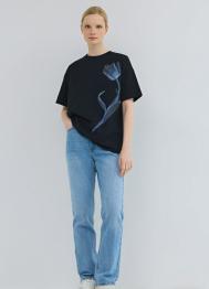 Футболка с цветочным принтом, Черный OSTIN