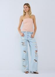 Широкие джинсы с рваным дизайном, Голубой OSTIN