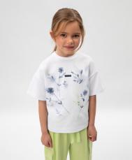 Футболка для девочки с цветочным принтом и декором из пайеток белая  (104) Gulliver