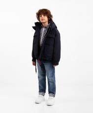 Куртка с капюшоном для мальчика утепленная из влагостойкой плащовки с 4мя карманами синяя  (158) Gulliver