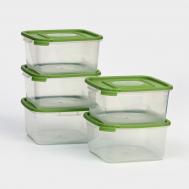 Набор контейнеров пищевых доляна, 5 шт, 460 мл, 11×11×11 см, квадратные, прозрачные, крышки зеленые Доляна