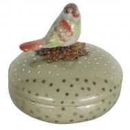 Шкатулка  зеленая в бронзовый горошек и с разноцветной птичкой 11x11x10 см ГЛАСАР