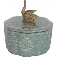 Шкатулка  зеленая с белым узором и бронзовым с лебедем 12х12х12 см ГЛАСАР