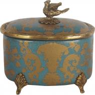 Шкатулка  синяя с бронзовой птичкой на крышке и на ножках, 13х10х12 см ГЛАСАР
