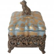 Шкатулка  синяя на бронзовой плетенной подставке с ножками и собачкой 12х11х12 см ГЛАСАР