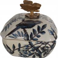 Шкатулка  молочная с синей птицей и цветами и бабочкой на крышке, 11x11x11 см ГЛАСАР