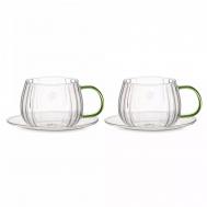 Набор чашек чайных с блюдцем с двойными стенками  Cafe de Paris 350 мл, 2шт, зеленая ручка Decor de table