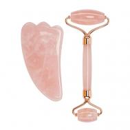 Набор из розового кварца. Роллер-массажер + скребок "Лапка" для массажа Гуаша HANAI