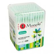 Палочки ватные Lovely с зеленым бумажным стиком в пластиковой коробке Maneki