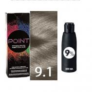 Краска для волос, тон №9.1, Светлый блонд пепельный + Оксид 9% POINT
