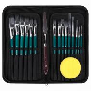 Кисти художественные набор 15 шт+мастихин в пенале, изумрудные Brauberg