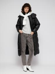 Тёплая стёганая куртка-пальто из экокожи с капюшоном и двойным воротником ZOLLA