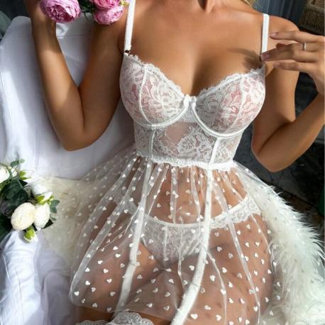 European & American Polka Dot Mesh Hollow-Out Suspender Lingerie Set Small the BAY