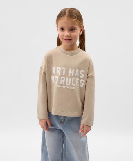 Лонгслив для девочки с глянцевым шрифтовым декором бежевый  (98) Gulliver