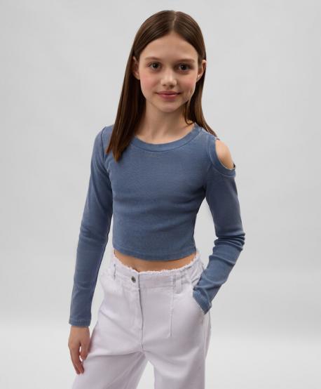 Лонгслив для девочки укороченный с открытым плечом из вареного риба синий  (152) Gulliver