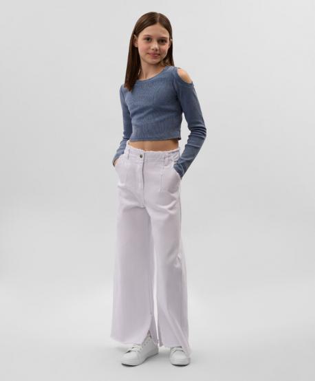 Лонгслив для девочки укороченный с открытым плечом из вареного риба синий  (152) Gulliver