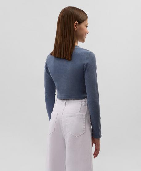 Лонгслив для девочки укороченный с открытым плечом из вареного риба синий  (152) Gulliver