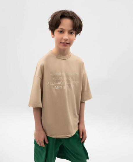 Футболка для мальчика с декором оверсайз бежевая  (152) Gulliver