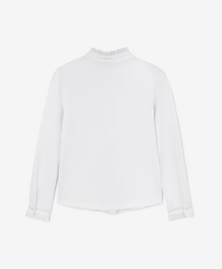 Блузка трикотажная для девочки с кружевным жабо и жемчужными пуговицами белая  (158) Gulliver