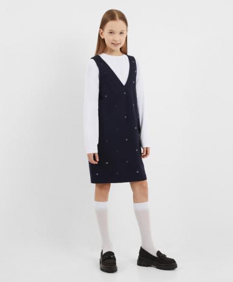 Сарафан трикотажный с люверсами синий для девочки  (146) Gulliver