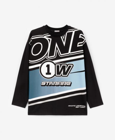 Лонгслив для девочки свободной формы с принтом черный  (152) Gulliver