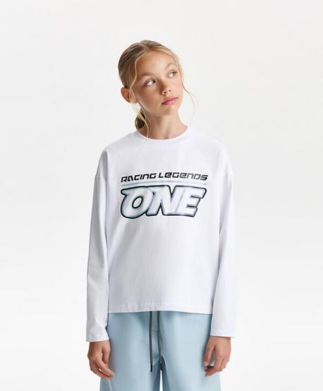 Лонгслив для девочки свободной формы с принтом белый  (146) Gulliver