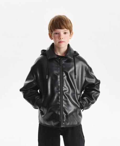 Куртка для мальчика утепленная из экокожи черная  (164) Gulliver
