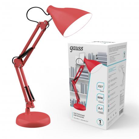 Светильник настольный  GT0034 60W 220-240V E27 красный струбцина и основание Gauss