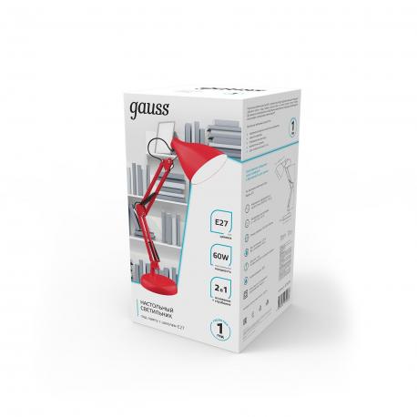 Светильник настольный  GT0034 60W 220-240V E27 красный струбцина и основание Gauss