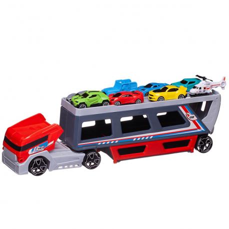 Игровой набор  Спецтехника Автовоз-трейлер с 8 машинками, со скоростным съездом с верхнего яруса ABtoys