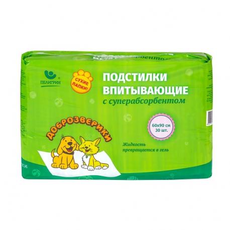 Пеленки одноразовые впитывающие для животных, с суперабсорбентом, 60х90 см Доброзверики