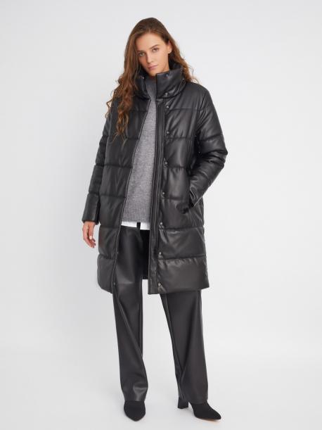 Тёплая стёганая куртка-пальто из экокожи с высоким воротником ZOLLA
