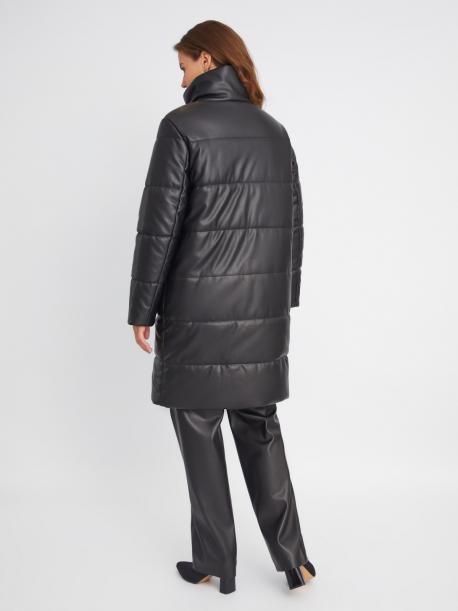 Тёплая стёганая куртка-пальто из экокожи с высоким воротником ZOLLA