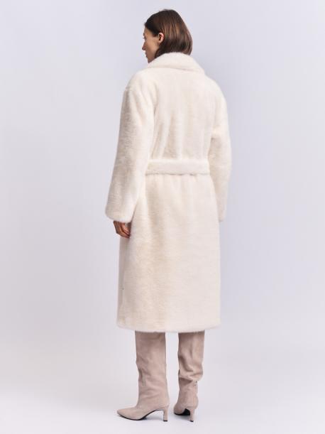 Длинное пальто-шуба из экомеха с поясом ZOLLA