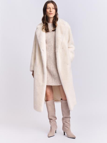 Длинное пальто-шуба из экомеха с поясом ZOLLA