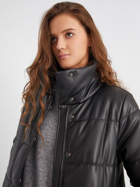 Тёплая стёганая куртка-пальто из экокожи с высоким воротником ZOLLA