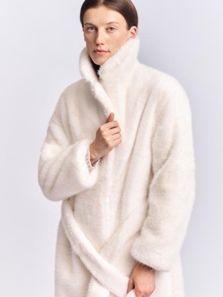 Длинное пальто-шуба из экомеха с поясом ZOLLA