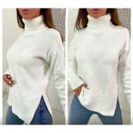 Пуловер, шерсть, длинный рукав, свободный силуэт, удлиненный, вязаный, без карманов, разрез, размер 42/48, белый Fashion