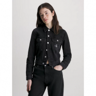 Джинсовая куртка  , демисезон/лето, силуэт полуприлегающий, карманы, без капюшона, манжеты, размер 42, черный Calvin Klein