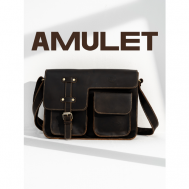 Портфель  999111, натуральная кожа, матовая фактура, на молнии, карман для планшета, вмещает А4, с плечевым ремнем, для мужчин, коричневый AMULET