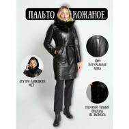 Кожаная куртка   зимняя, средней длины, силуэт прилегающий, капюшон, размер 56, черный Prima Woman