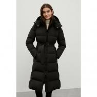 Пальто , удлиненный, силуэт прямой, съемный капюшон, пояс/ремень, карманы, утепленная, размер XL, черный Finn Flare