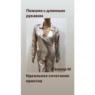 Пижама , брюки, блуза, длинный рукав, пояс на резинке, размер 44, бежевый WOM