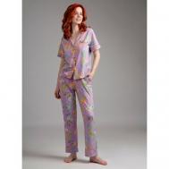 Пижама , брюки, рубашка, короткий рукав, пояс на резинке, трикотажная, размер 46, мультиколор INDEFINI
