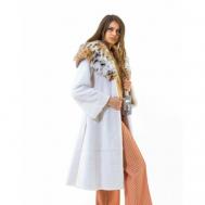 Пальто , норка, удлиненное, силуэт полуприлегающий, карманы, капюшон, пояс/ремень, размер 40, белый, бежевый Mala Mati