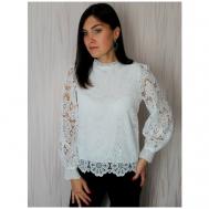 Блуза , классический стиль, прямой силуэт, длинный рукав, подкладка, флористический принт, размер 42-46, белый BonBon_trend