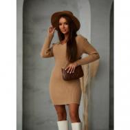 Платье-лапша , хлопок, вискоза, полуприлегающее, мини, открытая спина, вязаное, утепленное, размер 44, коричневый Miki