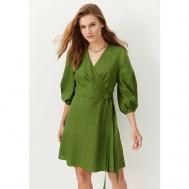 Платье с запахом , лен, повседневное, трапециевидный силуэт, мини, размер 44, зеленый TO BE ONE