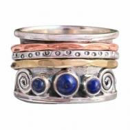 Кольцо обручальное  Кольцо многослойное с камнями, бижутерный сплав, гравировка, бронзирование, серебрение, золочение, агат, подарочная упаковка, размер 17, синий Onecircle