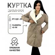 куртка  зимняя, средней длины, силуэт прямой, капюшон, пояс/ремень, карманы, размер 44, коричневый Diffberd